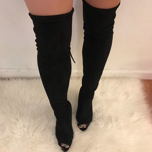 Elaine Over The Knee Peep Toe Black Suede Boots - Picture 7 of 8